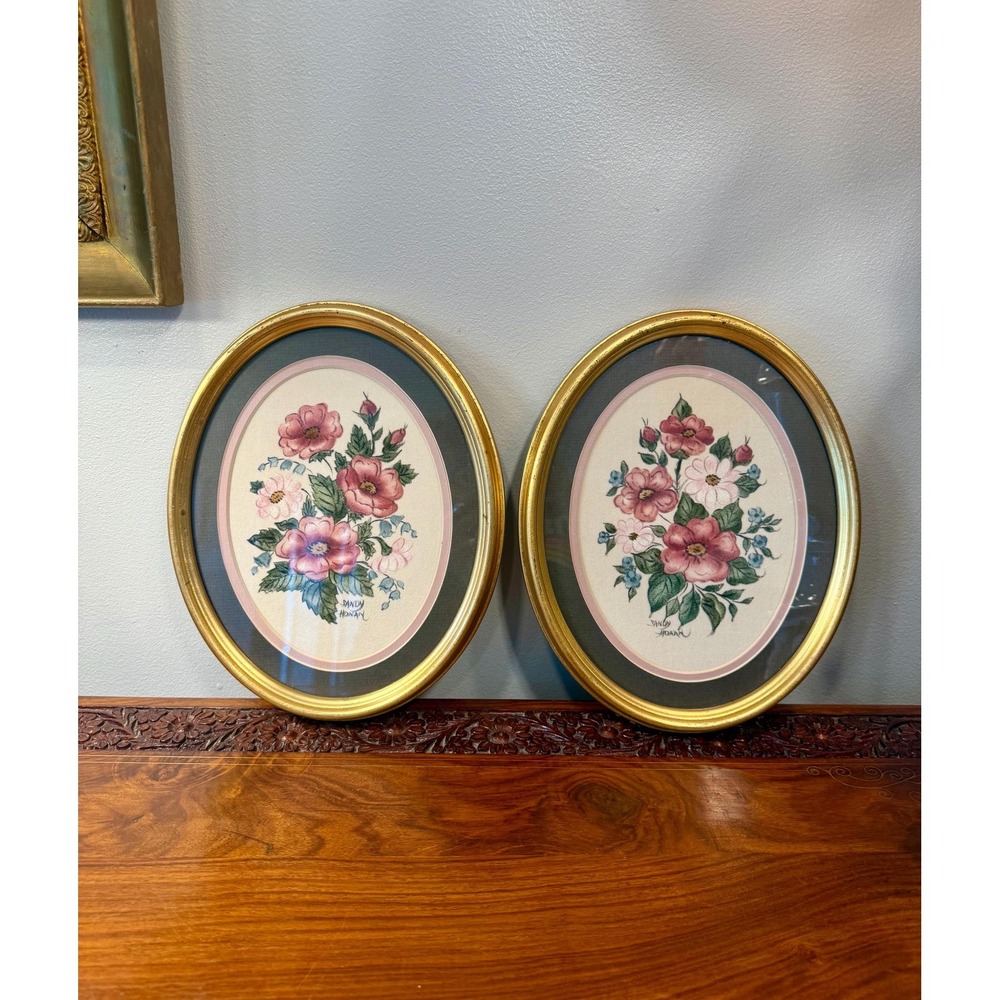 Vintage Sandy Honan Floral Theorem Painting Pair 8x10